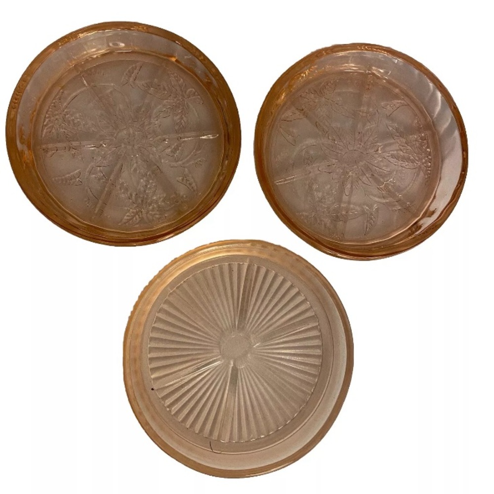Jeanette Depression Glass Coaster Set Pink Cherry Blossom 3 Coasters Mixed LOT